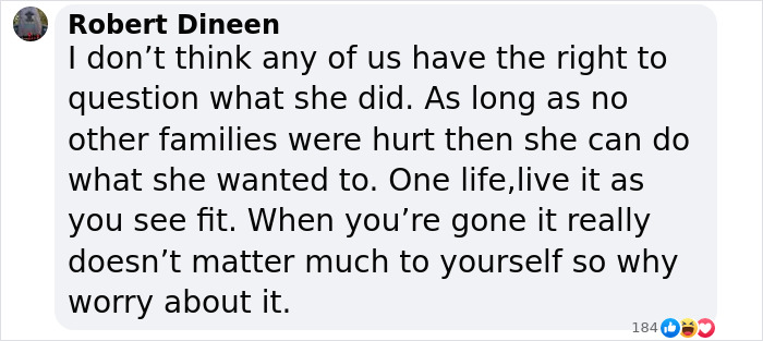 Comment discussing woman's life choices after cancer diagnosis. Comment discussing woman's life choices after cancer diagnosis.
