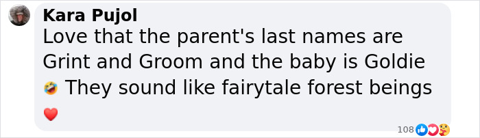 Comment referencing Rupert Grint's baby, mentioning last names Grint and Groom with a whimsical tone. Comment referencing Rupert Grint's baby, mentioning last names Grint and Groom with a whimsical tone.