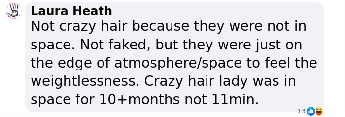 Comment discussing Blue Origin flight's authenticity and hair-related conspiracy theories. Comment discussing Blue Origin flight's authenticity and hair-related conspiracy theories.
