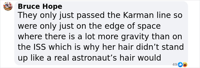 Comment on Blue Origin flight questioned due to hair conspiracy. Comment on Blue Origin flight questioned due to hair conspiracy.