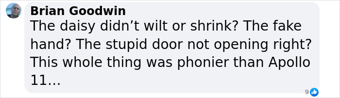 Comment questioning Blue Origin flight authenticity with conspiracy references. Comment questioning Blue Origin flight authenticity with conspiracy references.