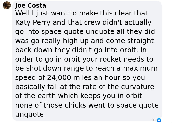 Text discussing Blue Origin flight, doubting the space journey authenticity with Katy Perry. Text discussing Blue Origin flight, doubting the space journey authenticity with Katy Perry.