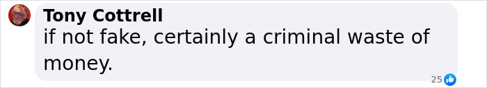 Comment by Tony Cottrell on Blue Origin flight, raising concerns about it being "fake" and a waste of money. Comment by Tony Cottrell on Blue Origin flight, raising concerns about it being "fake" and a waste of money.