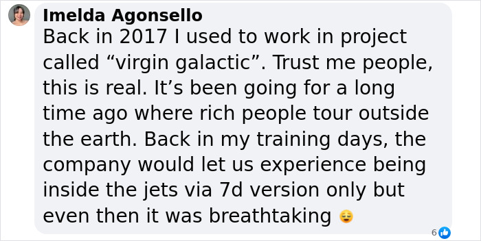 Comment discussing Blue Origin flight authenticity and past galactic projects experience. Comment discussing Blue Origin flight authenticity and past galactic projects experience.
