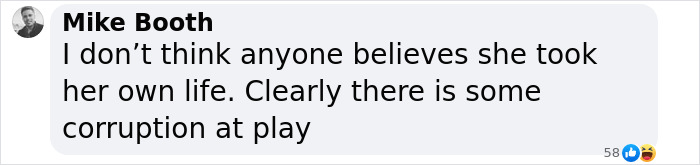 Comment from Mike Booth casting doubt on Virginia Giuffre’s reported claim of taking her own life, suggesting corruption. Comment from Mike Booth casting doubt on Virginia Giuffre’s reported claim of taking her own life, suggesting corruption.