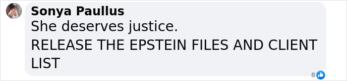 Comment by Sonya Paullus demanding justice and the release of Epstein files and client list on social media post. Comment by Sonya Paullus demanding justice and the release of Epstein files and client list on social media post.