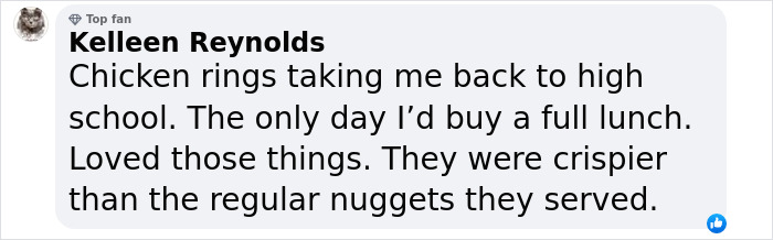 Fan reminiscing about White Castle's chicken rings in a nostalgic social media post. Fan reminiscing about White Castle's chicken rings in a nostalgic social media post.