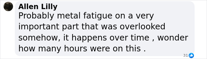 Comment discussing potential metal fatigue before helicopter crash. Comment discussing potential metal fatigue before helicopter crash.