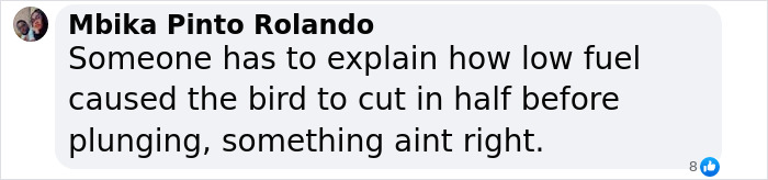 Comment discusses possible causes of helicopter crash, mentioning low fuel and unexpected split before impact. Comment discusses possible causes of helicopter crash, mentioning low fuel and unexpected split before impact.