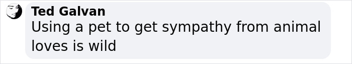 Screenshot of Ted Galvan's comment about using a pet for sympathy from animal lovers. Screenshot of Ted Galvan's comment about using a pet for sympathy from animal lovers.