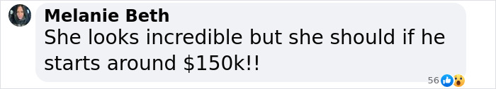Comment from Melanie Beth discussing plastic surgery results and cost estimation at $150k. Comment from Melanie Beth discussing plastic surgery results and cost estimation at $150k.