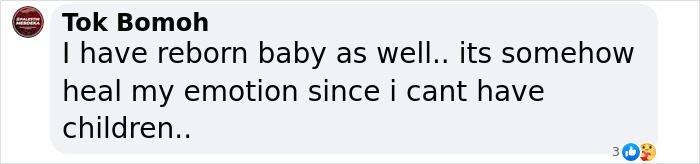 Comment by Tok Bomoh mentioning reborn baby dolls for emotional healing. Comment by Tok Bomoh mentioning reborn baby dolls for emotional healing.