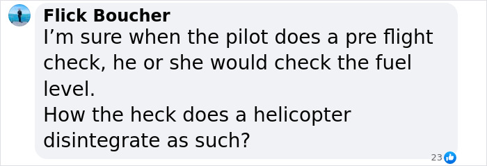Comment questioning helicopter's disintegration and pilot’s pre-flight check after NYC crash. Comment questioning helicopter's disintegration and pilot’s pre-flight check after NYC crash.