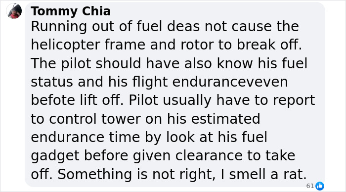 A Facebook comment speculating on a helicopter pilot's radio message before a fatal crash in NYC. A Facebook comment speculating on a helicopter pilot's radio message before a fatal crash in NYC.