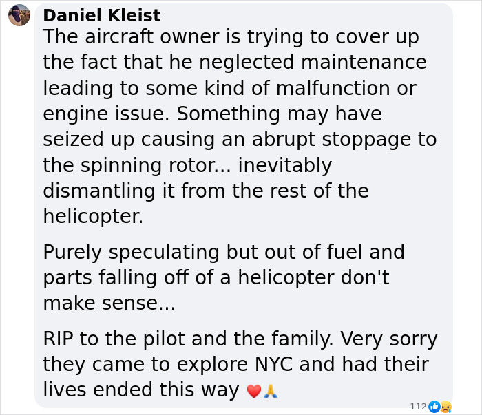 Speculation on NYC helicopter crash cause raises questions, comment with emoji reactions discussing pilot's final message. Speculation on NYC helicopter crash cause raises questions, comment with emoji reactions discussing pilot's final message.