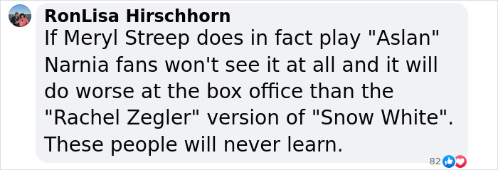 Comment about gender swap rumors in 'Narnia' reboot sparking fan outrage, mentioning actress name and box office concerns. Comment about gender swap rumors in 'Narnia' reboot sparking fan outrage, mentioning actress name and box office concerns.