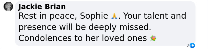 Comment offering condolences for former child star's passing, highlighting deep loss and impact. Comment offering condolences for former child star's passing, highlighting deep loss and impact.