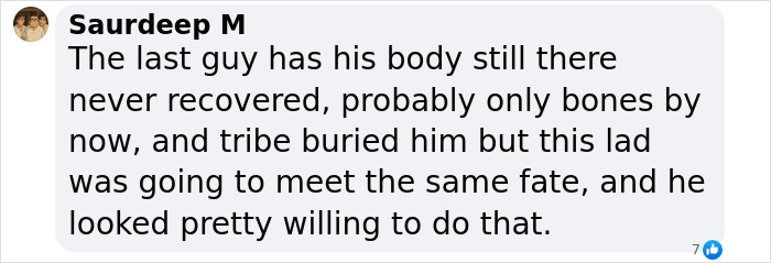 Text from Saurdeep M commenting on a dangerous stunt risking an isolated tribe's extinction. Text from Saurdeep M commenting on a dangerous stunt risking an isolated tribe's extinction.