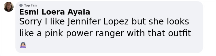 Comment comparing Jennifer Lopez's pink catsuit to a Power Ranger at Saudi F1. Comment comparing Jennifer Lopez's pink catsuit to a Power Ranger at Saudi F1.