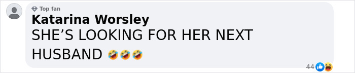 Comment by Katarina Worsley humorously suggesting Jennifer Lopez is "looking for her next husband" with laughing emojis. Comment by Katarina Worsley humorously suggesting Jennifer Lopez is "looking for her next husband" with laughing emojis.