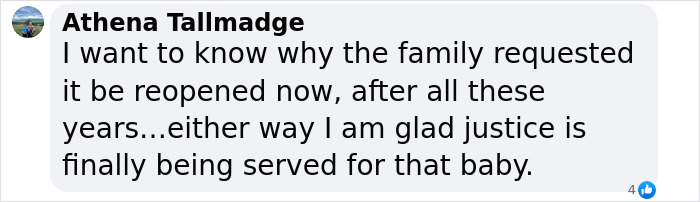 Comment discussing justice served in baby's case after years. Comment discussing justice served in baby's case after years.