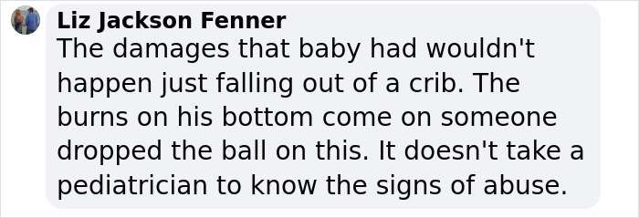 Text critique on baby's alleged fall, highlighting signs of abuse. Text critique on baby's alleged fall, highlighting signs of abuse.