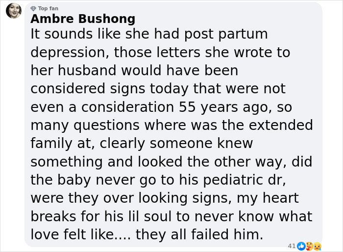 Comment discussing postpartum depression and missed signs related to a baby's passing 55 years ago. Comment discussing postpartum depression and missed signs related to a baby's passing 55 years ago.