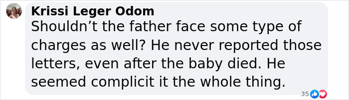 Facebook comment questioning charges for baby's father in arrest case. Facebook comment questioning charges for baby's father in arrest case.