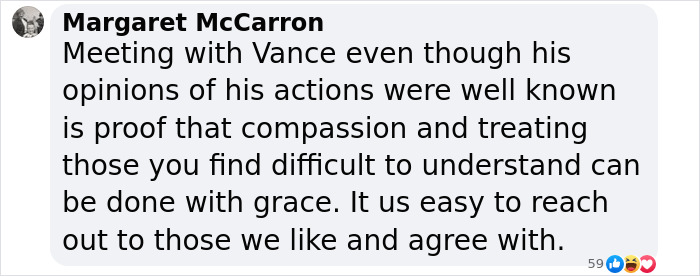 Comment mentioning JD Vance's meeting, emphasizing compassion and understanding. Comment mentioning JD Vance's meeting, emphasizing compassion and understanding.