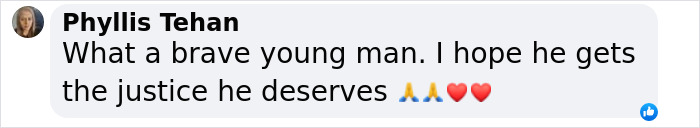 Phyllis Tehan shares her support for a man held captive, calling him brave and hoping for justice, accompanied by prayer and heart emojis. Phyllis Tehan shares her support for a man held captive, calling him brave and hoping for justice, accompanied by prayer and heart emojis.