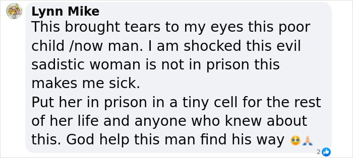 Comment expressing outrage over man held captive by "evil" stepmom for 20 years, calling for justice and hoping for his healing. Comment expressing outrage over man held captive by "evil" stepmom for 20 years, calling for justice and hoping for his healing.