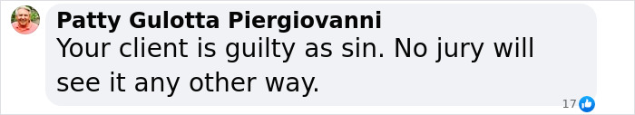 Comment by user stating 'Your client is guilty as sin,' referring to a woman involved in a controversial legal case. Comment by user stating 'Your client is guilty as sin,' referring to a woman involved in a controversial legal case.