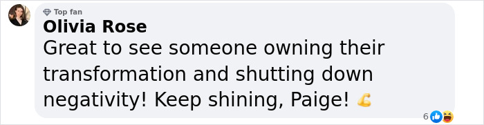Fan comment praising transformation on social media, expressing support for positive body changes and empowerment. Fan comment praising transformation on social media, expressing support for positive body changes and empowerment.