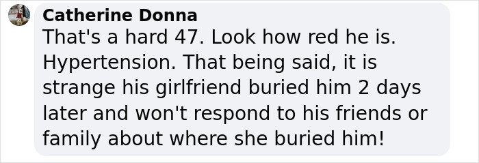 Text message discusses burial secrecy by man's wife during vacation. Text message discusses burial secrecy by man's wife during vacation.
