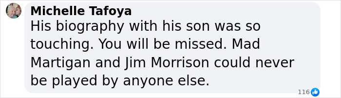 Comment paying tribute to legendary actor Val Kilmer, mentioning his roles as Mad Martigan and Jim Morrison. Comment paying tribute to legendary actor Val Kilmer, mentioning his roles as Mad Martigan and Jim Morrison.