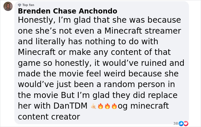Text discussing Minecraft streamer's scene with Jason Momoa cut, mentioning DanTDM as a replacement in the movie. Text discussing Minecraft streamer's scene with Jason Momoa cut, mentioning DanTDM as a replacement in the movie.