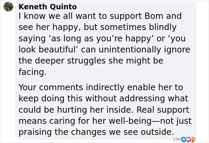 Comment discussing support for a K-Pop star amid plastic surgery rumors and the importance of addressing deeper struggles. Comment discussing support for a K-Pop star amid plastic surgery rumors and the importance of addressing deeper struggles.