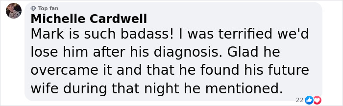 Comment praising Mark Hoppus's strength after diagnosis and meeting his future wife. Comment praising Mark Hoppus's strength after diagnosis and meeting his future wife.