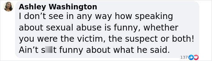 Text comment on sexual abuse, revealing distress over Kanye West's confession. Text comment on sexual abuse, revealing distress over Kanye West's confession.