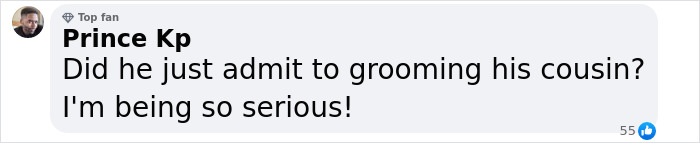 Comment about Kanye West's alleged confession, questioning if he admitted to grooming his cousin. Comment about Kanye West's alleged confession, questioning if he admitted to grooming his cousin.