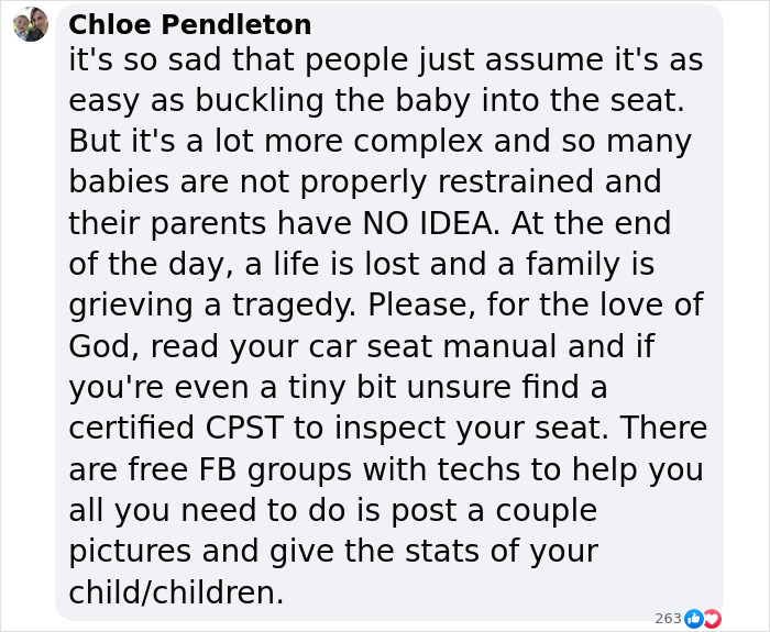 Comment discussing child car seat safety after "Okay Baby" TikTok star's tragic accident. Comment discussing child car seat safety after "Okay Baby" TikTok star's tragic accident.