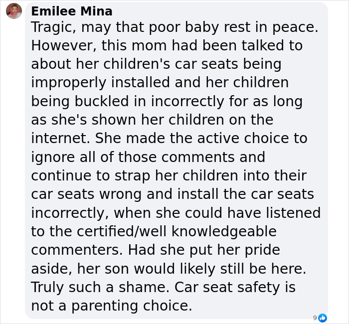 A comment on the passing of TikTok infant star 'Okay Baby', discussing car seat safety concerns. A comment on the passing of TikTok infant star 'Okay Baby', discussing car seat safety concerns.
