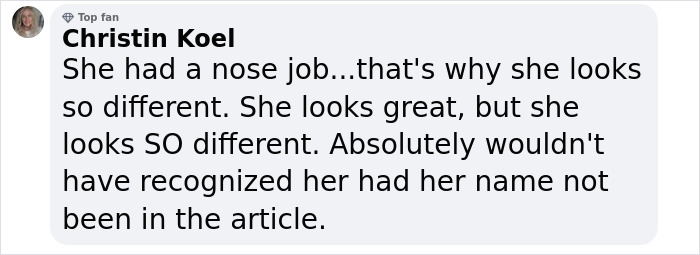 Comment discussing a nose job, mentioning a change in appearance at a fashion event. Comment discussing a nose job, mentioning a change in appearance at a fashion event.