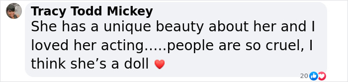 Facebook comment praising Aimee Lou Wood's acting and beauty amid criticism, ending with a heart emoji. Facebook comment praising Aimee Lou Wood's acting and beauty amid criticism, ending with a heart emoji.