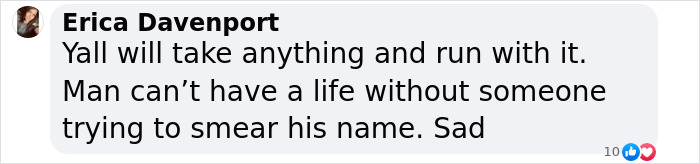 Comment by Erica Davenport defending Justin Bieber, expressing frustration about media speculation. Comment by Erica Davenport defending Justin Bieber, expressing frustration about media speculation.
