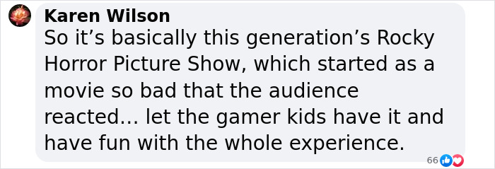 Comment comparing 'A Minecraft Movie' audience reaction to 'Rocky Horror'. Comment comparing 'A Minecraft Movie' audience reaction to 'Rocky Horror'.