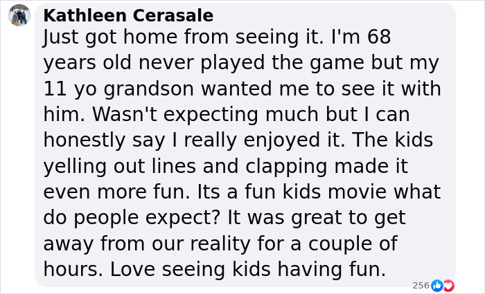 Comment about attending a Minecraft movie, mentioning enjoyment and kids' reactions. Comment about attending a Minecraft movie, mentioning enjoyment and kids' reactions.