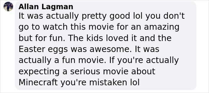 Comment on 'A Minecraft Movie' screening, describing it as enjoyable with fun Easter eggs. Comment on 'A Minecraft Movie' screening, describing it as enjoyable with fun Easter eggs.