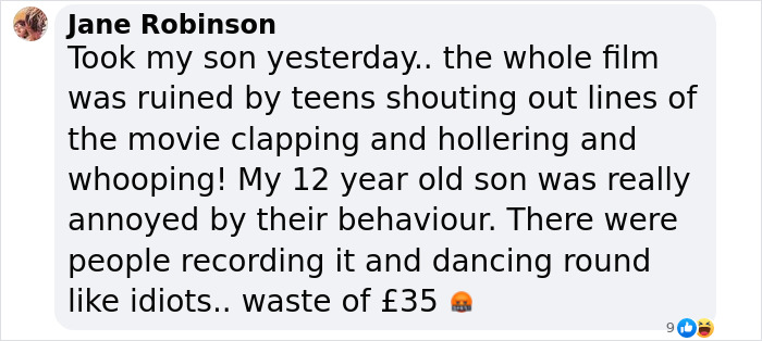 Comment from a parent about teens disrupting 'A Minecraft Movie' screening with loud behavior and recording. Comment from a parent about teens disrupting 'A Minecraft Movie' screening with loud behavior and recording.