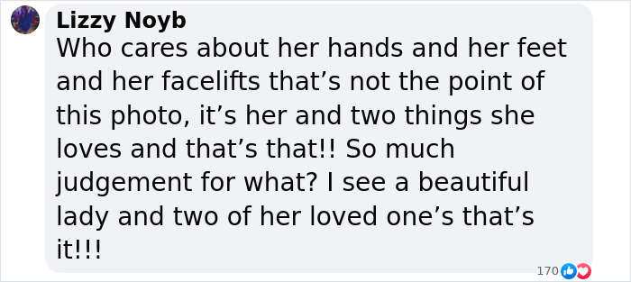 Comment by Lizzy defending Sharon Osbourne against judgment over her appearance in a family photo. Comment by Lizzy defending Sharon Osbourne against judgment over her appearance in a family photo.